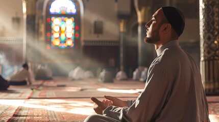 A Muslim man sitting in a masjid praying with a blurred background and sunlight coming from the window