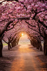 Beautiful sunset over a quiet road lined with blooming cherry blossom trees in spring. Serene spring walk along the cherry blossom path at sunset