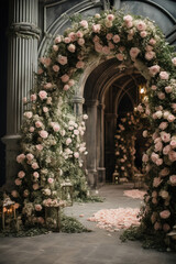Elegant spring wedding arch decorated with roses at the entrance of a traditional church
