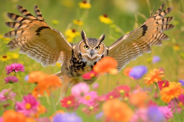 owl approaching from flower field, vibrant colors surrounding