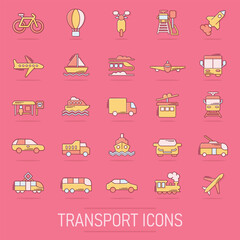 Transport icon set in comic style. Car vector cartoon collection illustration on isolated background. Shipping transportation splash effect business concept.