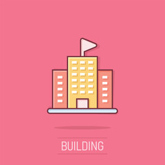 Building icon in comic style. Town skyscraper apartment cartoon vector illustration on isolated background. City tower splash effect business concept.