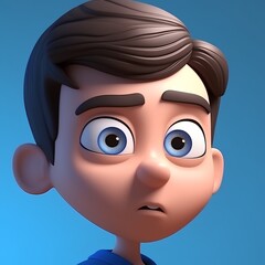 Cartoon boy with worried expression on blue background, 3d render