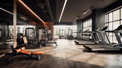 Naklejka premium Spacious and well-equipped modern gym interior with a variety of fitness machines under ambient lighting.