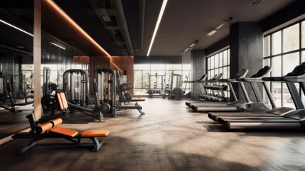 Foto op Aluminium Spacious and well-equipped modern gym interior with a variety of fitness machines under ambient lighting. © Anton Gvozdikov