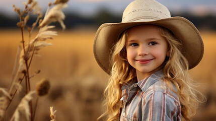 Cute little cowgirl in straw hat on the background of a farm. Life on the farm, southern girl