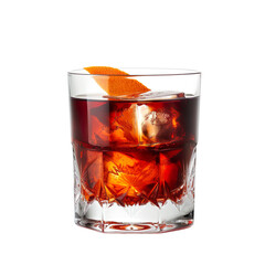 Extreme front view of a Boulevardier cocktail in a lowball glass isolated on a white transparent background