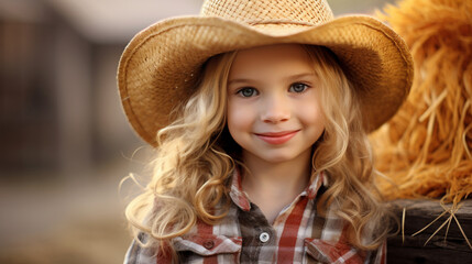 Cute little cowgirl in straw hat on the background of a farm. Life on the farm, southern girl