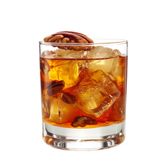 Extreme front view of a Caramel Pecan Old Fashioned cocktail in a rocks glass isolated on a white transparent background