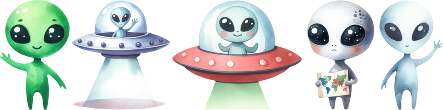 Friendly Cartoon Aliens and Their Spaceships. A charming set of cartoon aliens with big eyes and their colorful spaceships, depicting scenes of friendly extraterrestrial life.