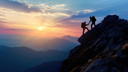 Hiker helping friend reach the mountain, Holding hands and walking up the mountain