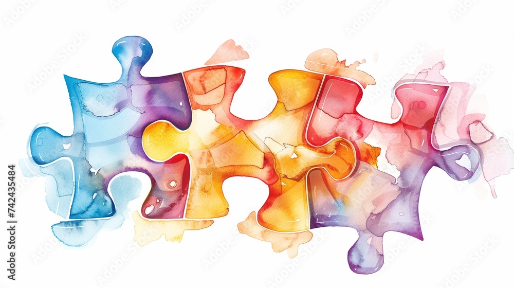 Poster two interlocking puzzle pieces on a clean, isolated background, symbolizing connection, problem-solv