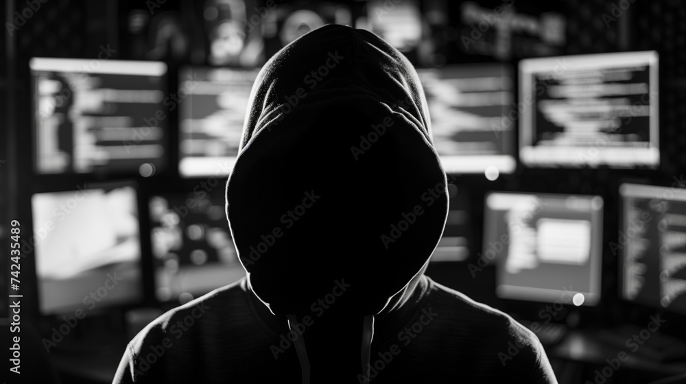 Poster a shadowy figure stands before a bank of glowing computer screens, symbolizing the vigilance and sec