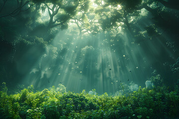 Lush Green Forest Filled With Trees - obrazy, fototapety, plakaty