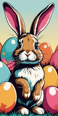 Easter bunny with eggs. Illustration in retro style. Colorful background.