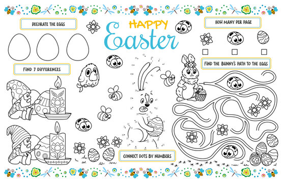 Festive placemat for children. Printable activity sheet "Happy Easter" with a labyrinth, connect the dots and find the same. 17x11 inch printable vector file