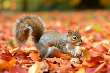 Naklejka na ściany i meble squirrel carrying a nut blend across fallen autumn leaves