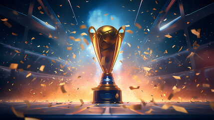 Golden trophy winner cup with blurred background and copy space