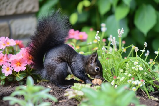 black squirrel digging up buried walnut in flowerbed