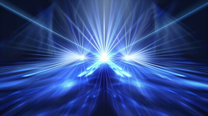 a blue light burst of laser beams on dark background, blue light rays background, empty blue room,  Empty stage withblue spotlights, conser, show, party, Presentation concept