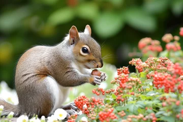 Schilderijen op glas squirrel in flowerbed munching on hazelnut © studioworkstock