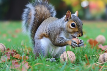 squirrel on grass nibbling on walnut shell - Powered by Adobe