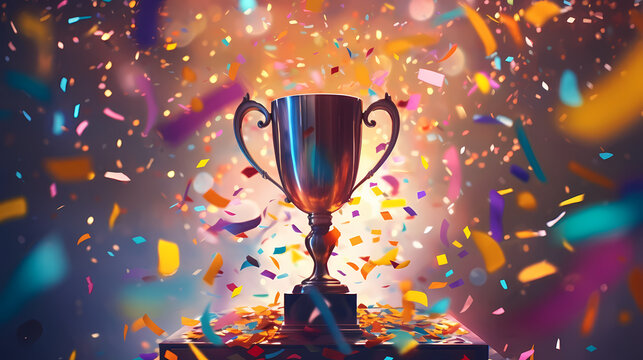 Golden trophy winner cup with blurred background and copy space