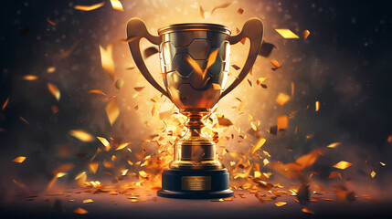 Golden trophy winner cup with blurred background and copy space