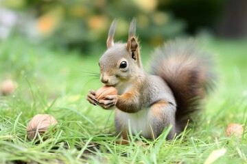 juvenile squirrels playing with oak nut on grass