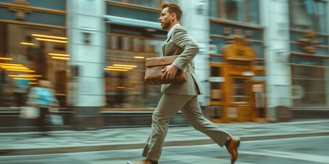 Bewegungsunschärfe eines Geschäftsmannes, der mit einer Aktentasche zu einem Geschäftstreffen rennt - obrazy, fototapety, plakaty