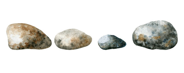 Watercolor hand drawn set of natural stones. Isolated illustration on white background for label, packaging, print, card, decor