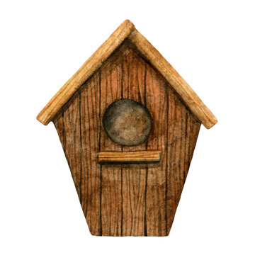 recommend clip art: Watercolor hand drawn brown wooden birdhouse. Isolated illustration on white background for label, packaging, print, card, decor