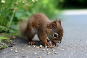baby squirrel nibbling seed on concrete path