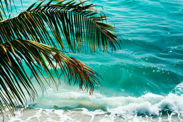 Tropical landscape with turquoise ocean water and palm leaves, vacation and relaxation.