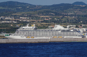 Luxury deluxe yacht cruiseship cruise ship liner Splendor docked at pier in Civitavecchia Rome...