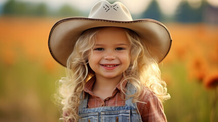 Cute little cowgirl in cowboy hat on the background of a farm. Life on the farm, southern girl