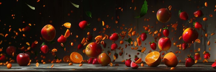 Fruit floating in the air