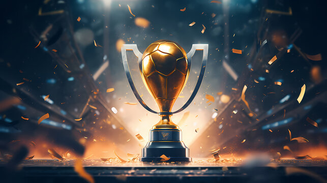 Golden trophy winner cup with blurred background and copy space