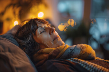 Detailed Capture of Woman with Cold, Wrapped in Scarf, Lying on Sofa in Warmly Lit Living Room - 742439001