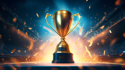 Golden trophy winner cup with blurred background and copy space