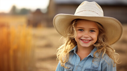 Cute little cowgirl in straw hat on the background of a farm. Life on the farm, southern girl