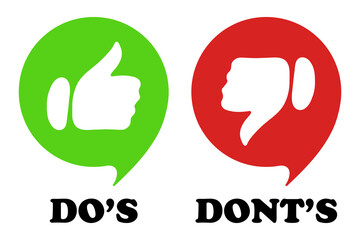 Green and red speech bubbles with do s dont s text and like dislike gestures. Approve, disapprove, correct actions, incorrect fail advice, tips, right, advise, avoid mistakes, lifehack, wrong. Vector - obrazy, fototapety, plakaty