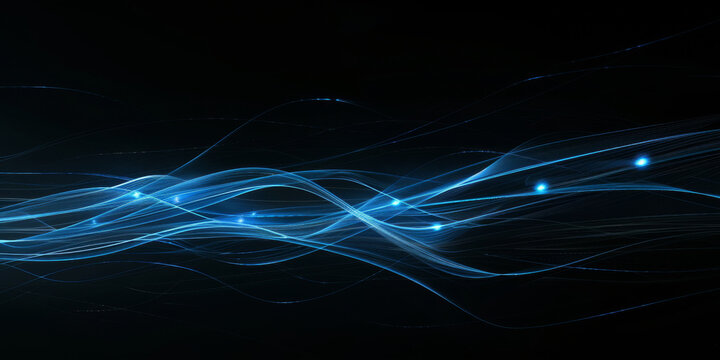 a motion image that shows blue light traveling through various shapes, blue wave on black background
