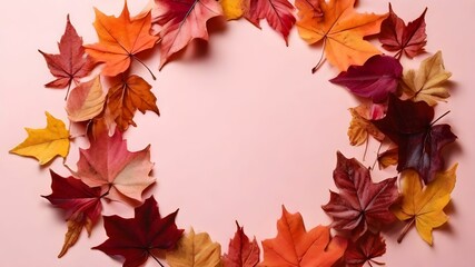 Naklejka na ściany i meble Autumn leaves frame on pink background