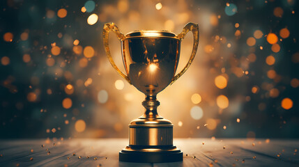 Golden trophy winner cup with blurred background and copy space