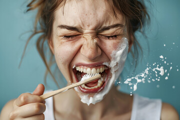 Cheerful Woman Having Fun with Excessive Foam While Brushing Teeth - 742439852