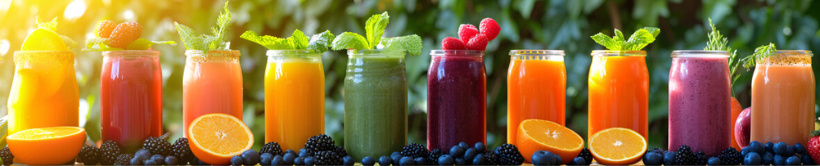 Colorful array of fruit smoothies with fresh berries and mint garnishes lined up outdoors, showcasing a variety of flavors.
