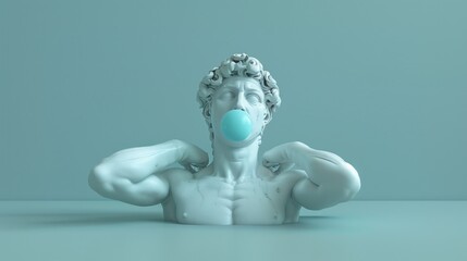 Bust of an ancient Greek stone statue in a modern concept on a bright pastel background. Sculpture with glasses, headphones, bubble gum for creative advertising.