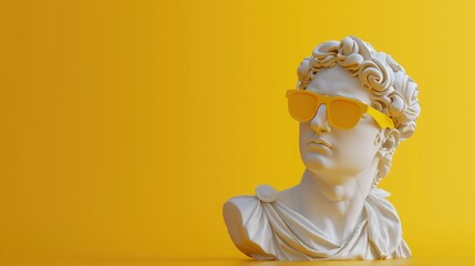 Bust of an ancient Greek stone statue in a modern concept on a bright pastel background. Sculpture with glasses, headphones, bubble gum for creative advertising.