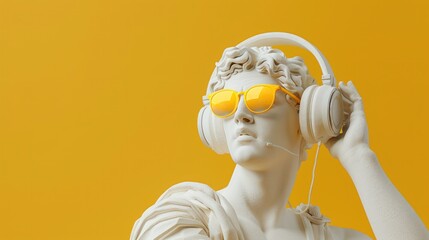 Bust of an ancient Greek stone statue in a modern concept on a bright pastel background. Sculpture with glasses, headphones, bubble gum for creative advertising.